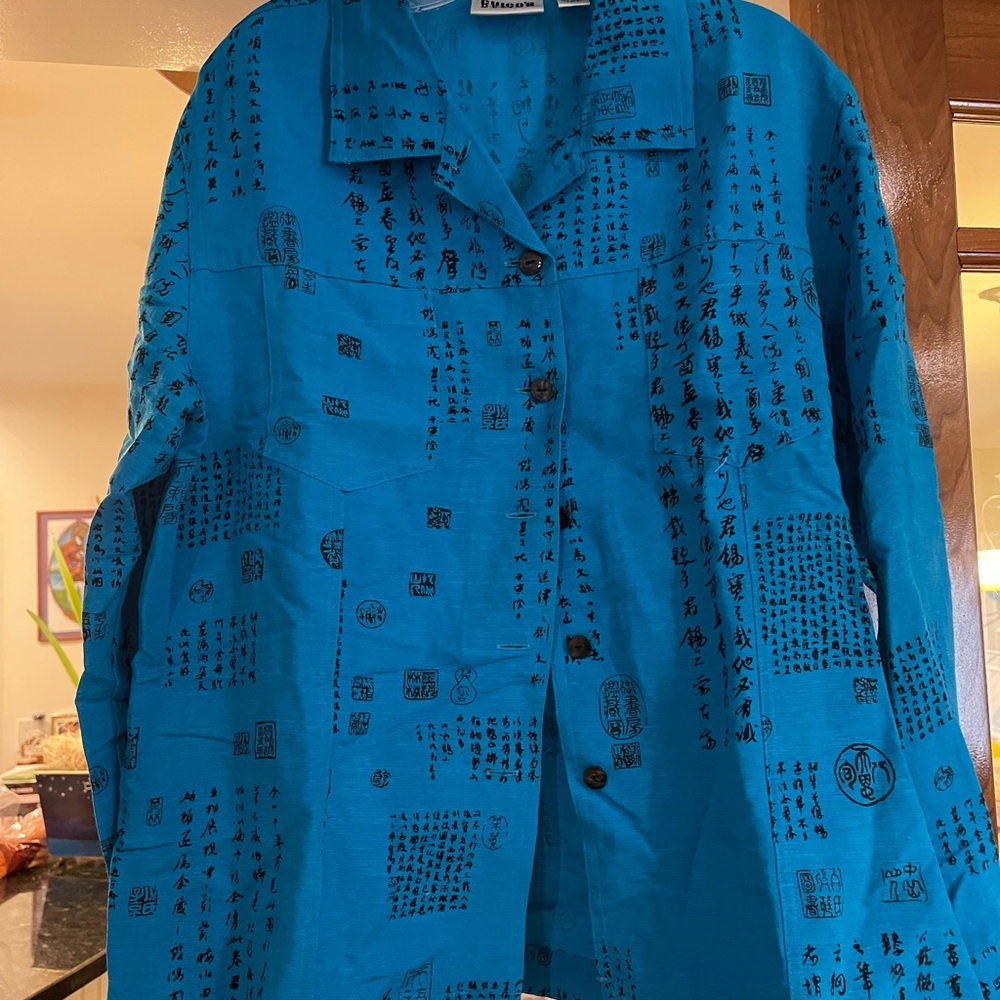 Chico's Turquoise Blue Script-Print Button-Front Jean Jacket